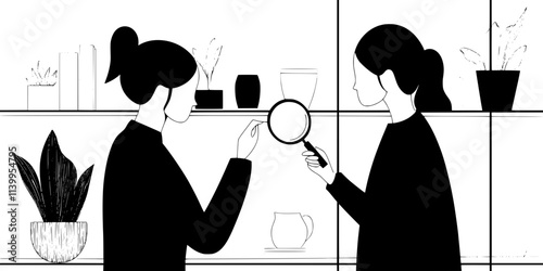 Person holding a magnifying glass while inspecting an antique ring in a shop, Vector Graphic