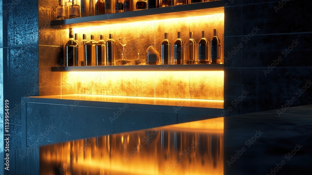 Modern Bar Backlit Shelves Displaying Liquor Bottles Modern Bar Backlit Shelves Displaying Liquor Bottles