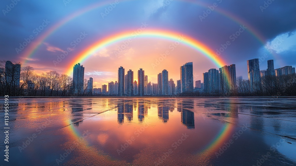 Fototapeta premium Breathtaking rainbow arches over a vibrant city skyline at sunset reflecting on a tranquil water surface
