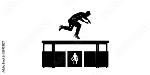 Person performing box jumps, leaping from the ground onto an elevated platform, Vector Graphic