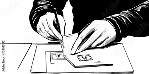 A person placing a first-day cover into a plastic sleeve for protection, Vector Graphic