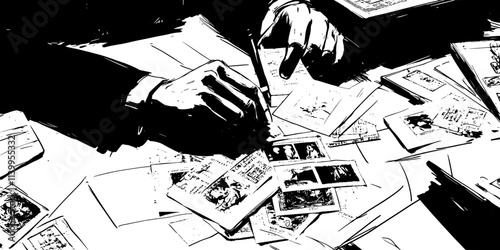 A person selecting thematic stamps from a pile to arrange them inside an album, Vector Graphic