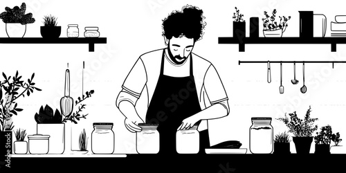 A person sealing jars containing fermenting vegetables on a kitchen counter, Vector Graphic