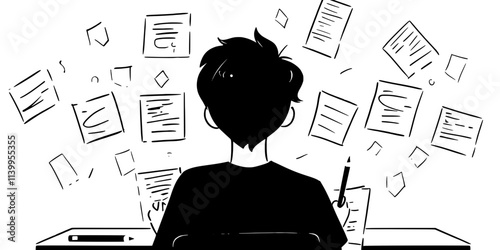 Person solving sentence formation exercises during a grammar class, book and pen in hand, Vector Graphic