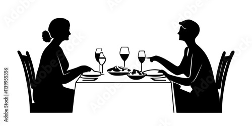 Person sitting at dinner table with host family during a homestay, engaging in conversation, Vector Graphic