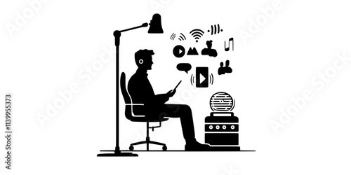 A person sitting and listening to a pronunciation segment from a language podcast, Vector Graphic