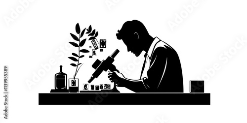 A person sorting through rare stamps for a future auction event indoors, Vector Graphic