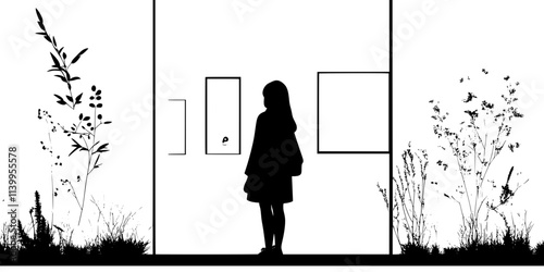 A person stands near a language exhibition during a cultural festival event, Vector Graphic