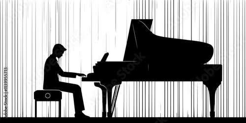 A pianist playing a classical piece during a recital in a concert hall setting, Vector Graphic