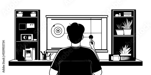 A player aiming at targets while navigating a virtual environment, Vector Graphic