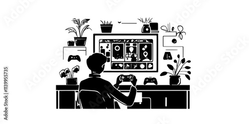 A player advancing through levels by engaging enemies on-screen, Vector Graphic