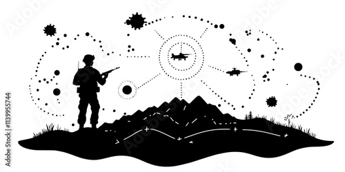 A player coordinating unit movements while making decisions to expand control over the battlefield, Vector Graphic