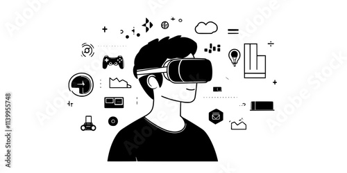 A player managing various aspects of virtual life while adjusting settings in a simulation game, Vector Graphic