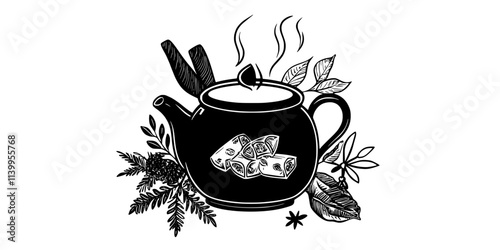 A pot of masala chai brewing with tea leaves and spices, Vector Graphic