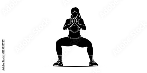 Practitioner doing kettlebell squats, holding the kettlebell in front of their chest, Vector Graphic