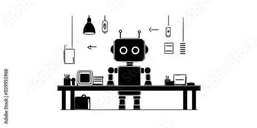 A robot pet being built to perform programmed responses to user actions and stimuli, Vector Graphic