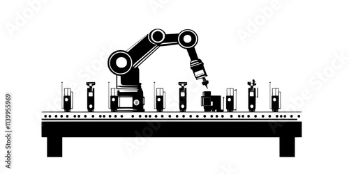 Robot managing repetitive tasks on an automated production line in a factory, Vector Graphic
