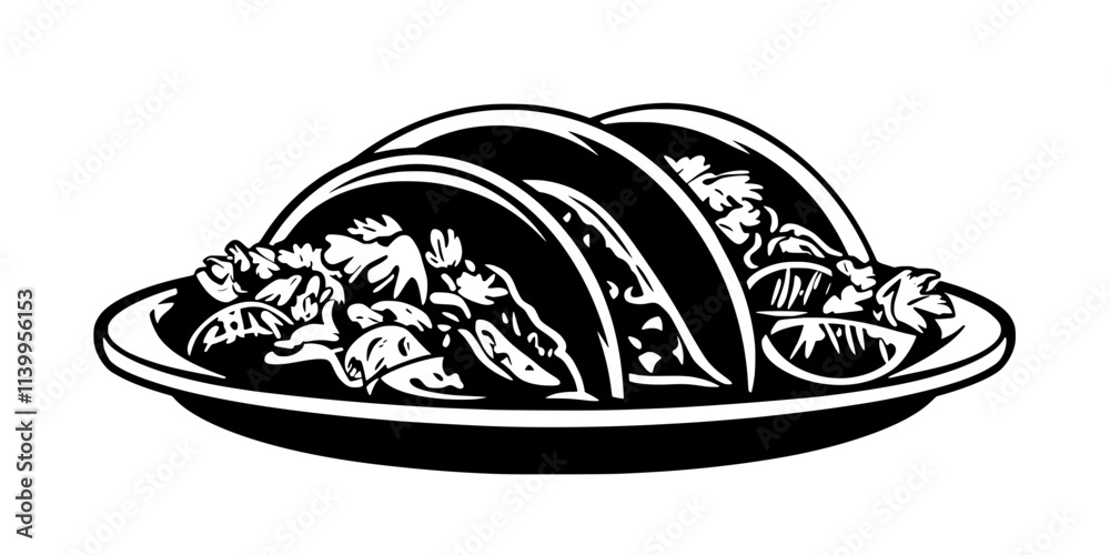 A serving of tacos resting on a plate with various toppings, Vector Graphic A serving of tacos resting on a plate with various toppings, Vector Graphic