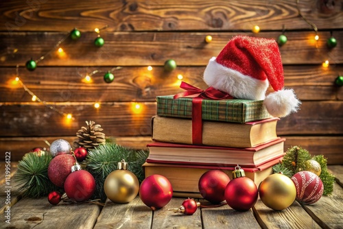 Cozy Christmas reads: books piled high with festive gifts, decorations, and a scarlet Santa hat on a wooden surface.