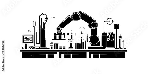 A robotic arm assembling parts on an industrial production line for manufacturing purposes, Vector Graphic