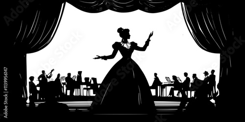 A singer dressed in costume performing a famous opera scene before an audience, Vector Graphic
