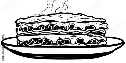 A serving of lasagna layered with pasta, sauce, and cheese resting on a plate, Vector Graphic