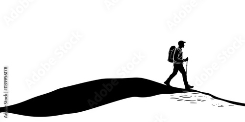 A single person hiking on a trail stretching into the distance, Vector Graphic