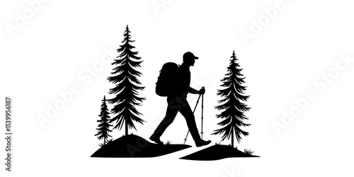 Solo hiker moving down a well-defined trail surrounded by tall trees, Vector Graphic