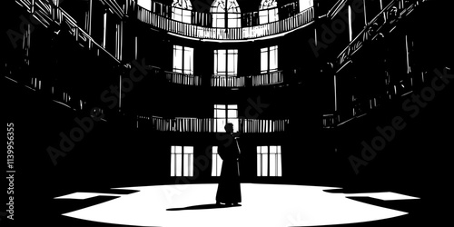 A tenor rehearsing a powerful vocal passage in a grand opera house, Vector Graphic