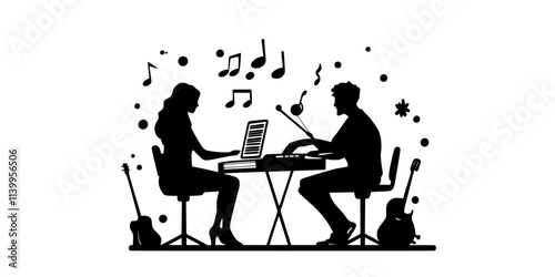 Vocalist collaborating with songwriters to develop catchy melodies in a session, Vector Graphic