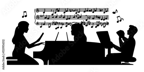 A vocal teacher using a piano to assist students with pitch during practice, Vector Graphic
