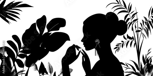 Woman trying on a pair of antique earrings in a quiet room, Vector Graphic