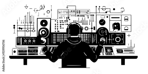 Engineer adjusting instrument volumes to balance a mix in a digital interface, Vector Graphic