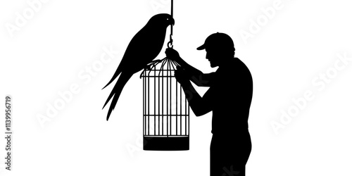 An individual adjusting the height of a bird’s cage for proper enclosure space and accessibility, Vector Graphic