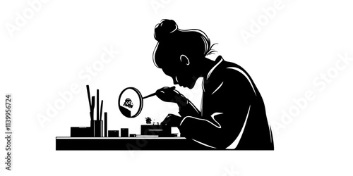 An individual examining a rare stamp under a magnifying glass at a stamp fair, Vector Graphic