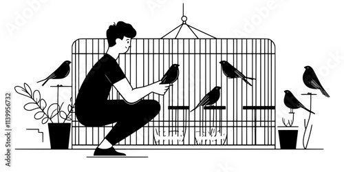 An individual installing perches in a bird’s cage at different heights for variety, Vector Graphic