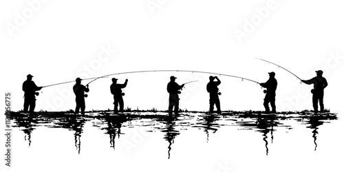Anglers casting long lines using artificial flies to catch fish in rivers, standing in shallow waters, Vector Graphic