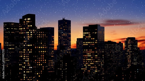 Silhouetted skyline of a city at dusk, lights glowing photo