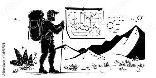 Backpacker studying elevation charts for an upcoming hike in a mountainous area, Vector Graphic