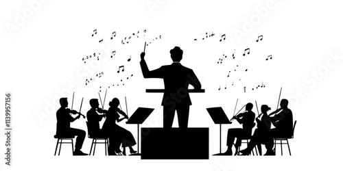 Conductor leading musicians during a recording session in a studio, Vector Graphic