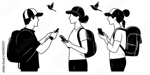 Enthusiasts networking with birding communities to learn where rare species were spotted recently, Vector Graphic