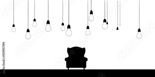 Dimmable smart bulbs set up in a cozy reading nook with a single armchair, Vector Graphic