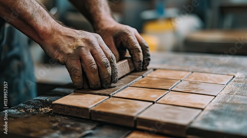 Close-up of a tiler's hands adjusting a rectangular tile to maintain even spacing and alignment. photo