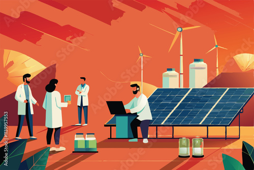 A diverse team of scientists collaborates in a modern lab, conducting research on innovative, sustainable energy solutions using advanced technology.