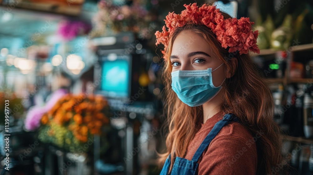 Young woman with floral crown and mask smiles in vibrant flower market filled with colors and life during a sunny day Young woman with floral crown and mask smiles in vibrant flower market filled with colors and life during a sunny day