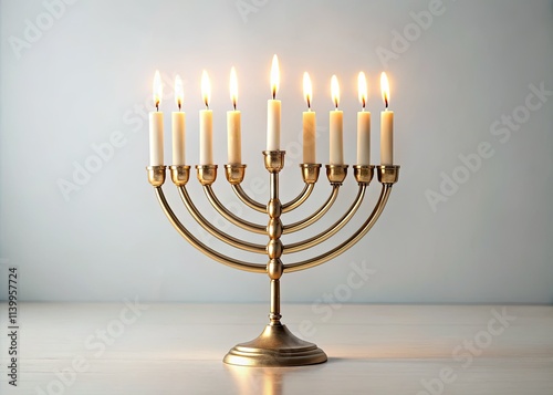 Festive Hanukkah menorah, minimalist design, tilt-shift photography for a unique banner. photo