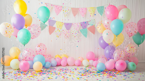 a banner Bright, colorful splashes of confetti and balloons with a cheerful, celebratory vibe. stock photo, style raw --chaos 5 --ar 16:9 photo