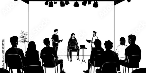 Actors participating in an improv exercise on stage with audience interaction, Vector Graphic