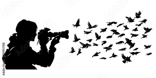 Birdwatchers sharing photos and tips from rare sightings, collaborating for more accurate information, Vector Graphic