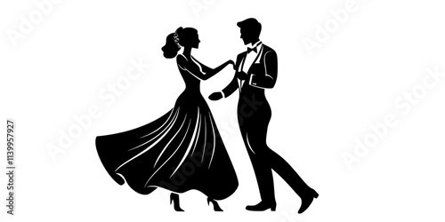 Couples dancing elegantly in formal attire during a ballroom competition, Vector Graphic